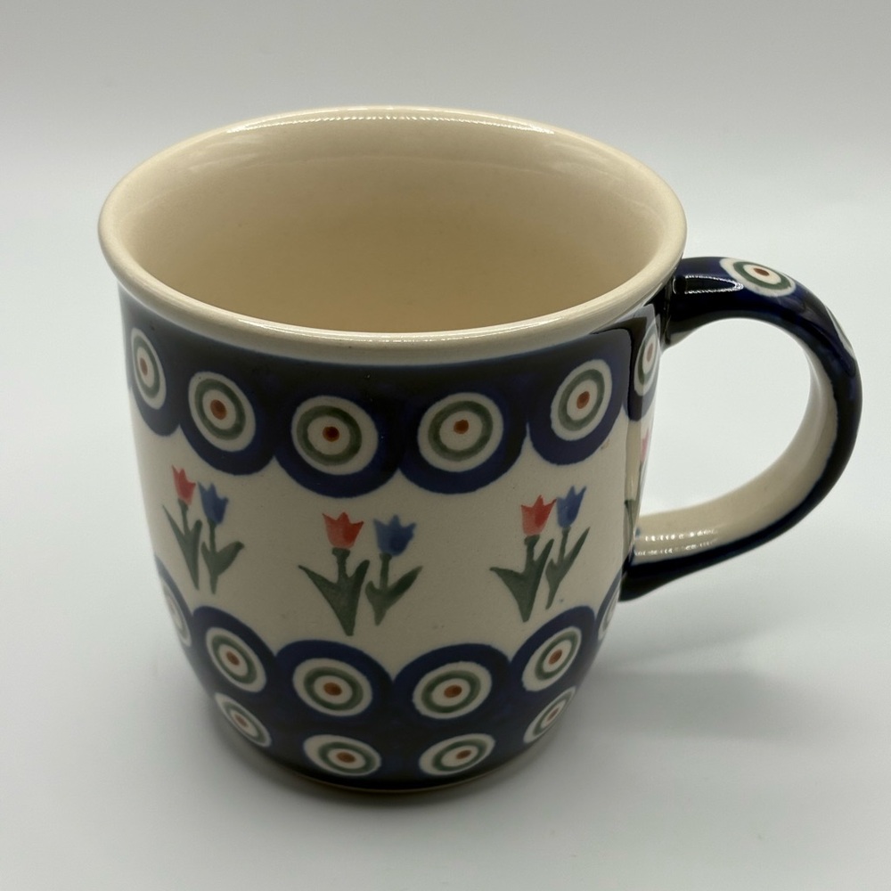 Boleslawiec Polish Pottery Hand Painted Tulip Coffee Mug  White Blue Pink 10 ozs